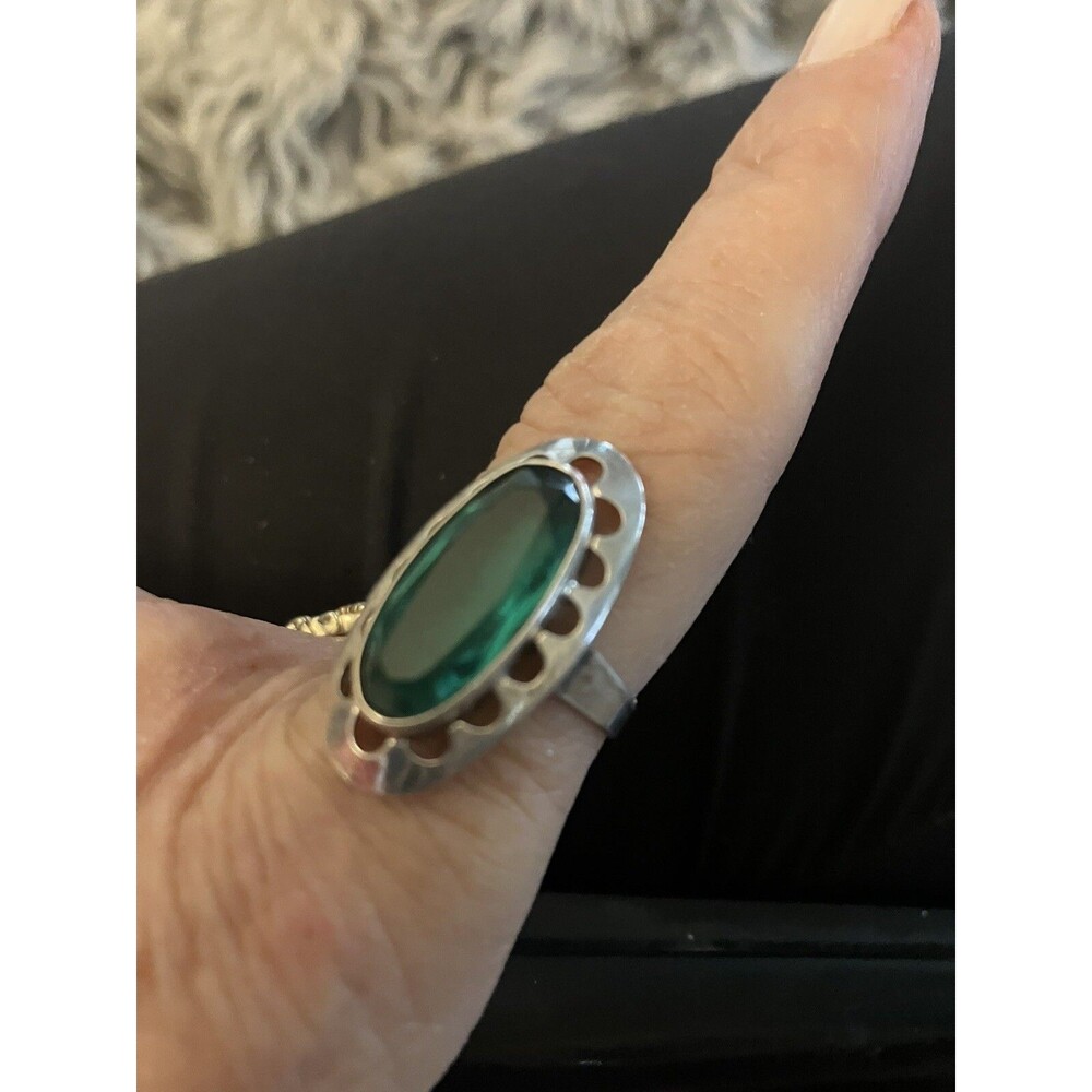 Vintage MCM Green Gemstone Ring Sterling Silver Faceted Marquise Lrg 925 Sz 8.5 - Picture 6 of 9